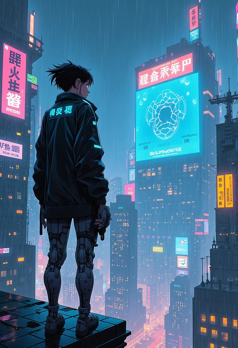 ai cyberpunk anime pria berdiri di kota