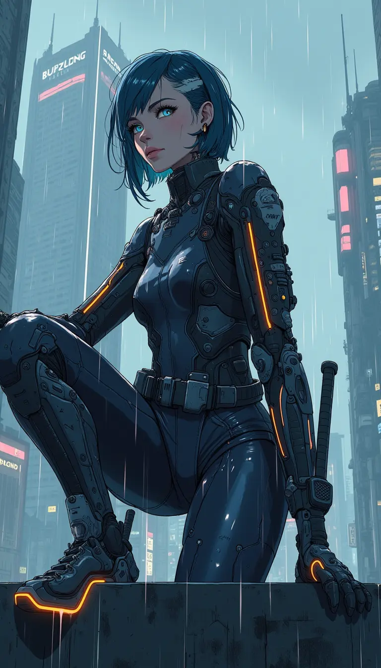 KI Cyberpunk Anime Mädchen am Vorsprung